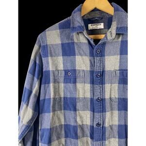 Express Flannel Shirt Size Medium Mens Blue Gray Plaid Check Button Down Soft